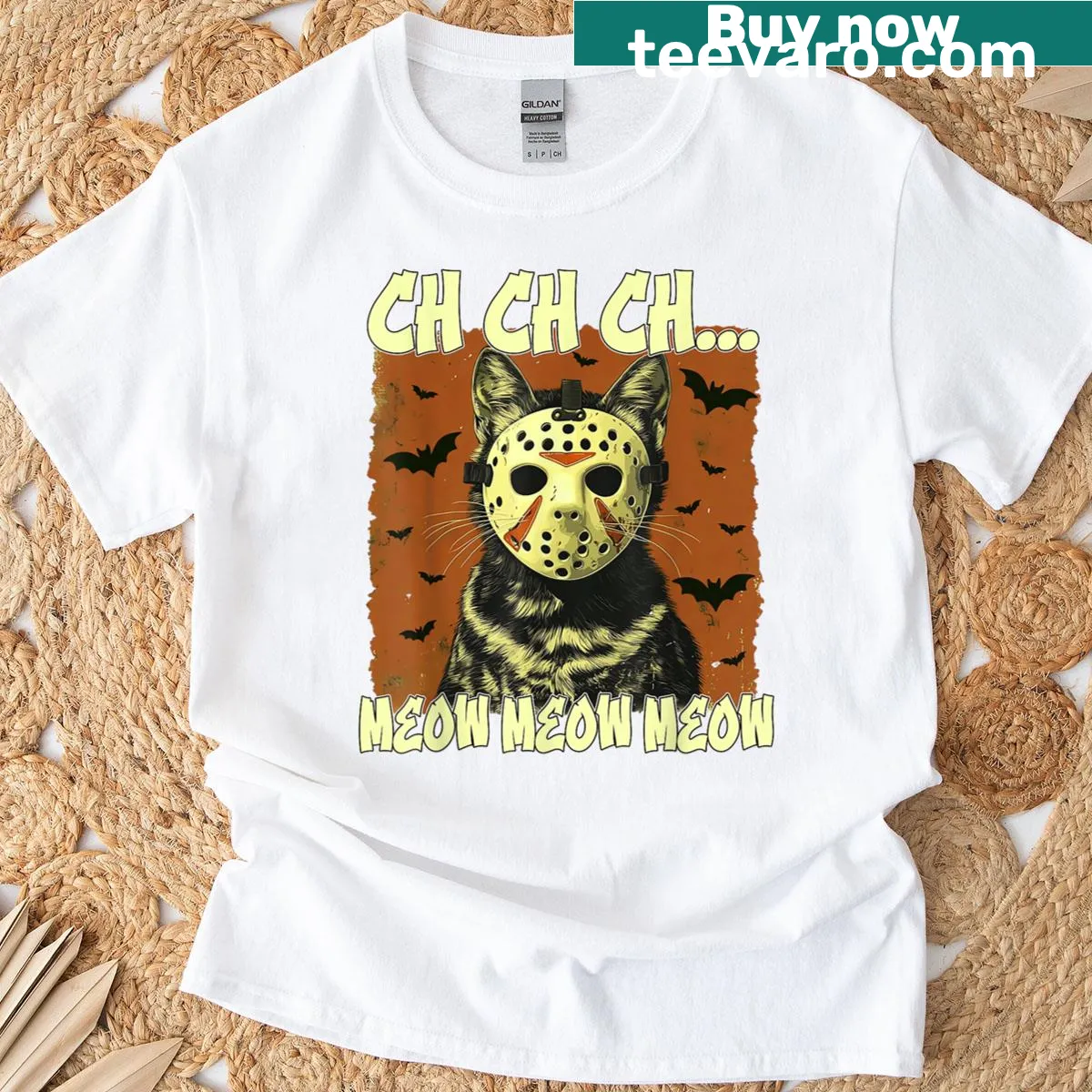 Halloween cartoon cat t-shirt with the phrase Ch Ch Ch Meow Meow — on a men's t-shirt
