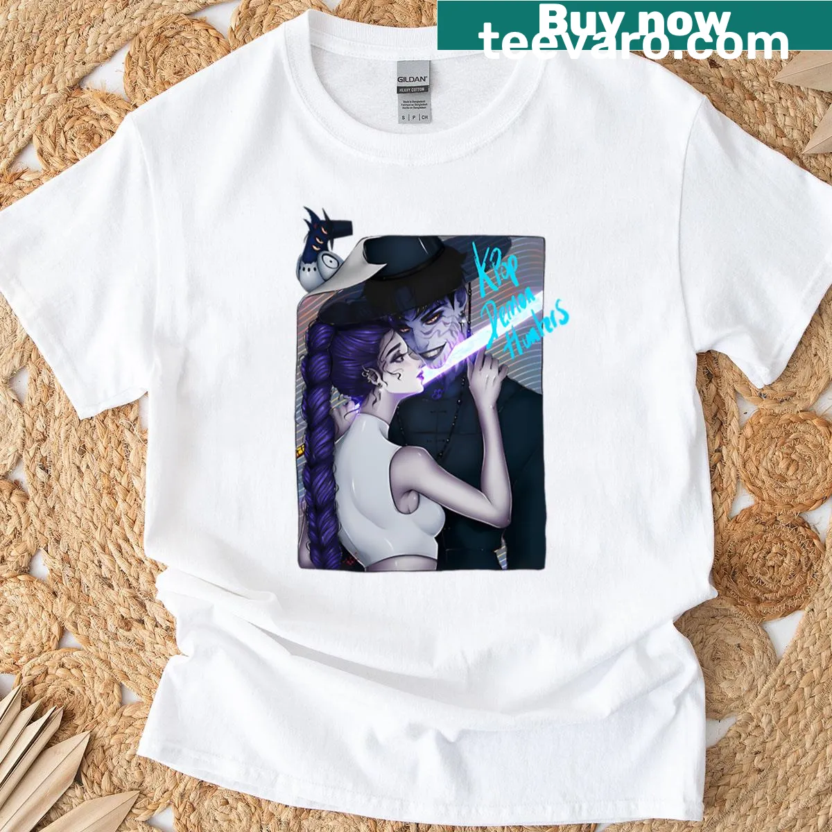 Kpop t-shirt featuring Rumi and Jinu as demon hunters in playful design — on a men's t-shirt
