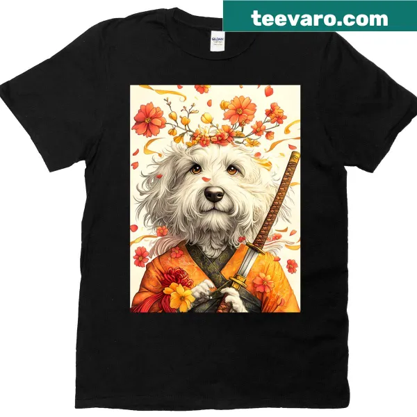 Illustration of a samurai dog with spring blossoms on a T-shirt