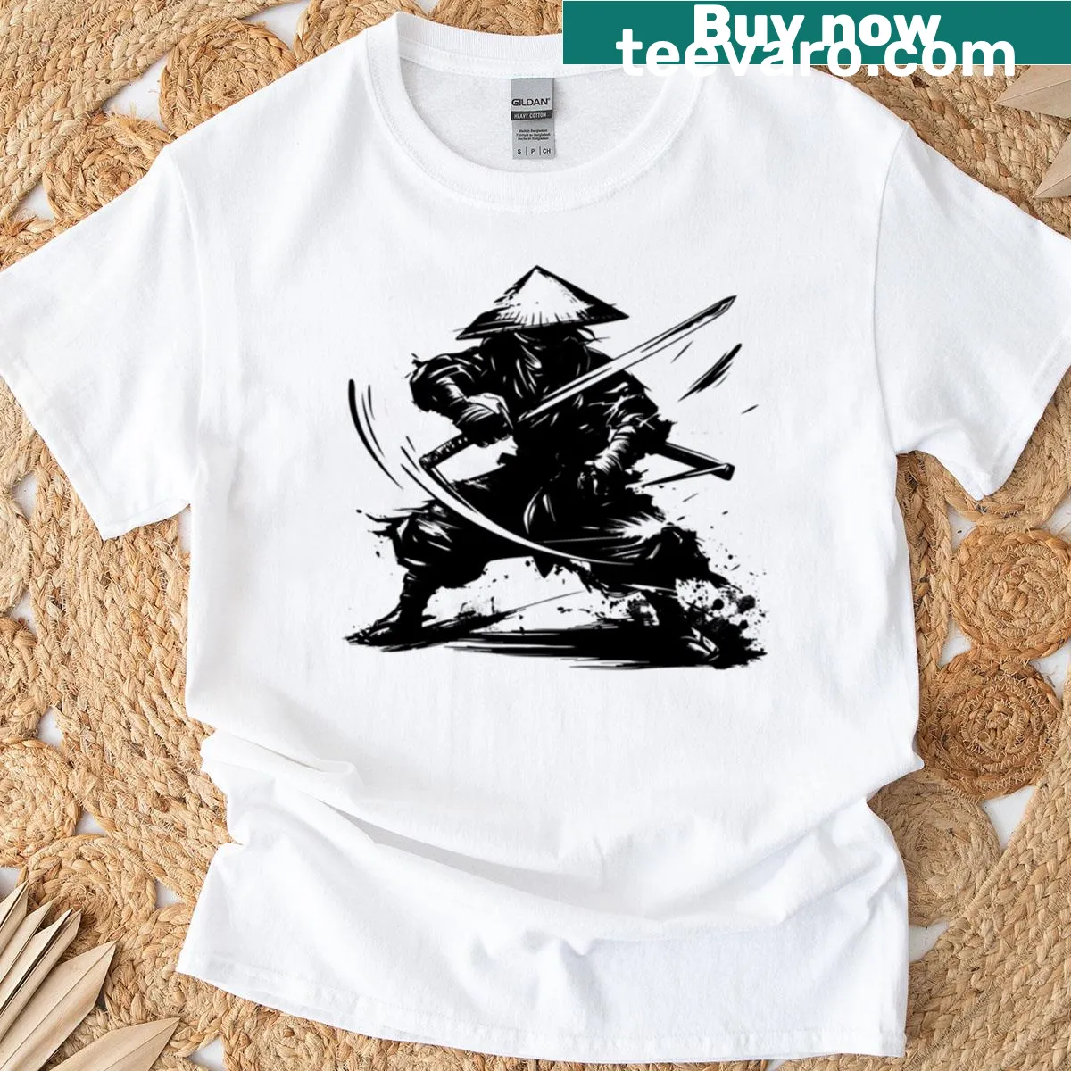 Black and white samurai ninja with katana illustrated on a t-shirt — on a men's t-shirt