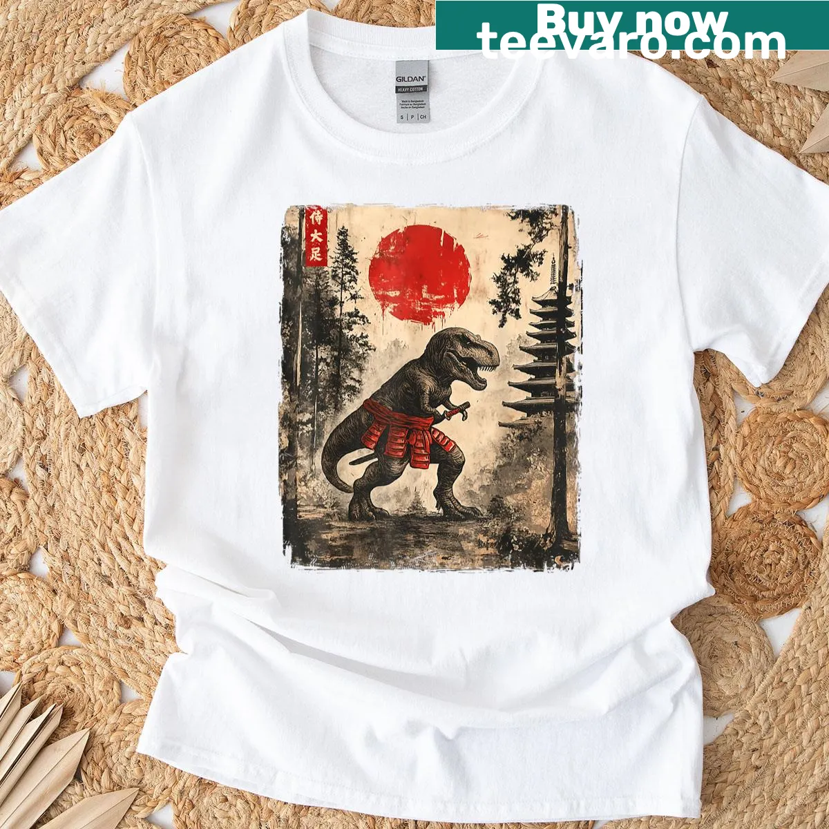 Cartoon T-shirt featuring a Samurai T-rex in a fun design — on a men's t-shirt