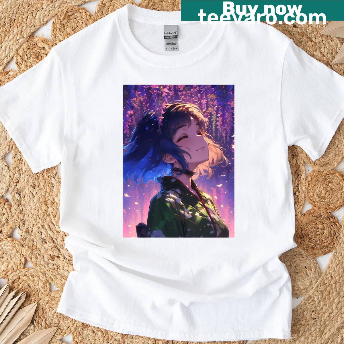 Saori Takebe with wisteria lanterns illustrated on an anime t-shirt — on a men's t-shirt