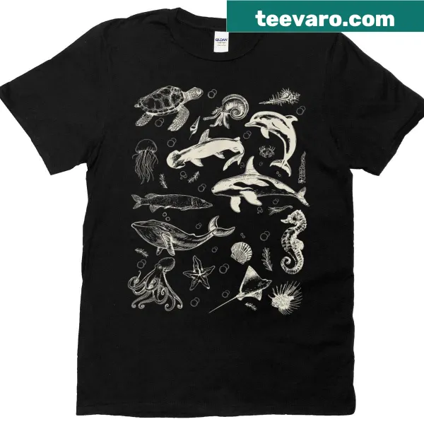 Minimalist T-shirt featuring an illustration of a turtle in the ocean