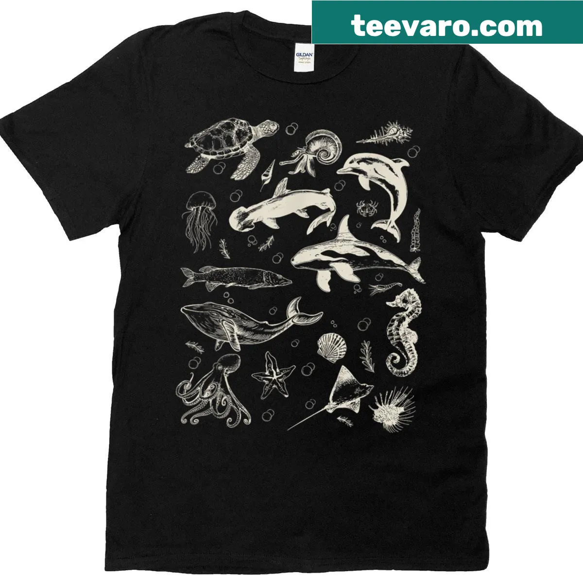 Minimalist T-shirt featuring an illustration of a turtle in the ocean — on a men's t-shirt