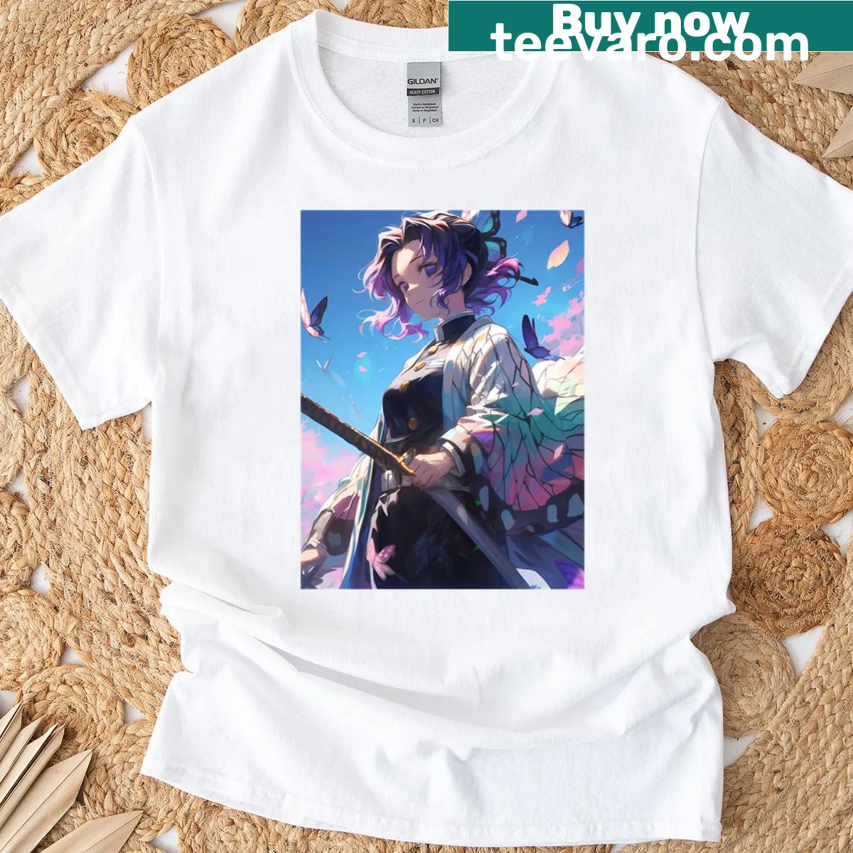 Illustration of Shinobu Kocho with butterflies, blue sky, and calming aura — on a men's t-shirt