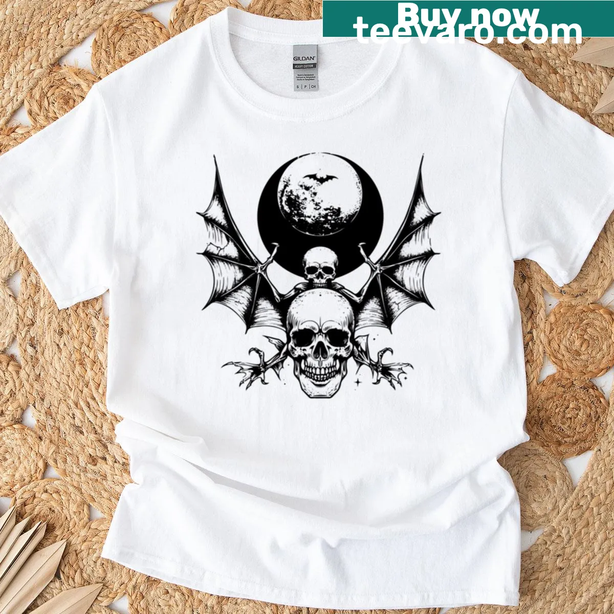 Gothic skull, bat, and moon graphic T-shirt in black and white — on a men's t-shirt