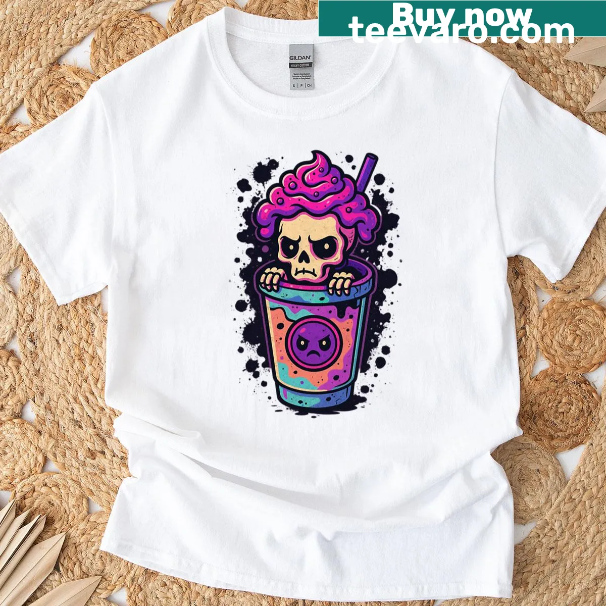 Gothic T-shirt featuring a skull and spooky drink graphic — on a men's t-shirt