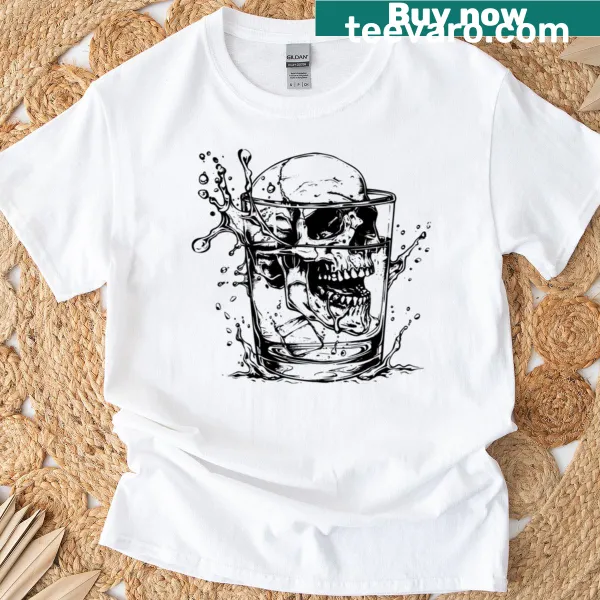 Dark surreal T-shirt featuring a skull in a glass illustration