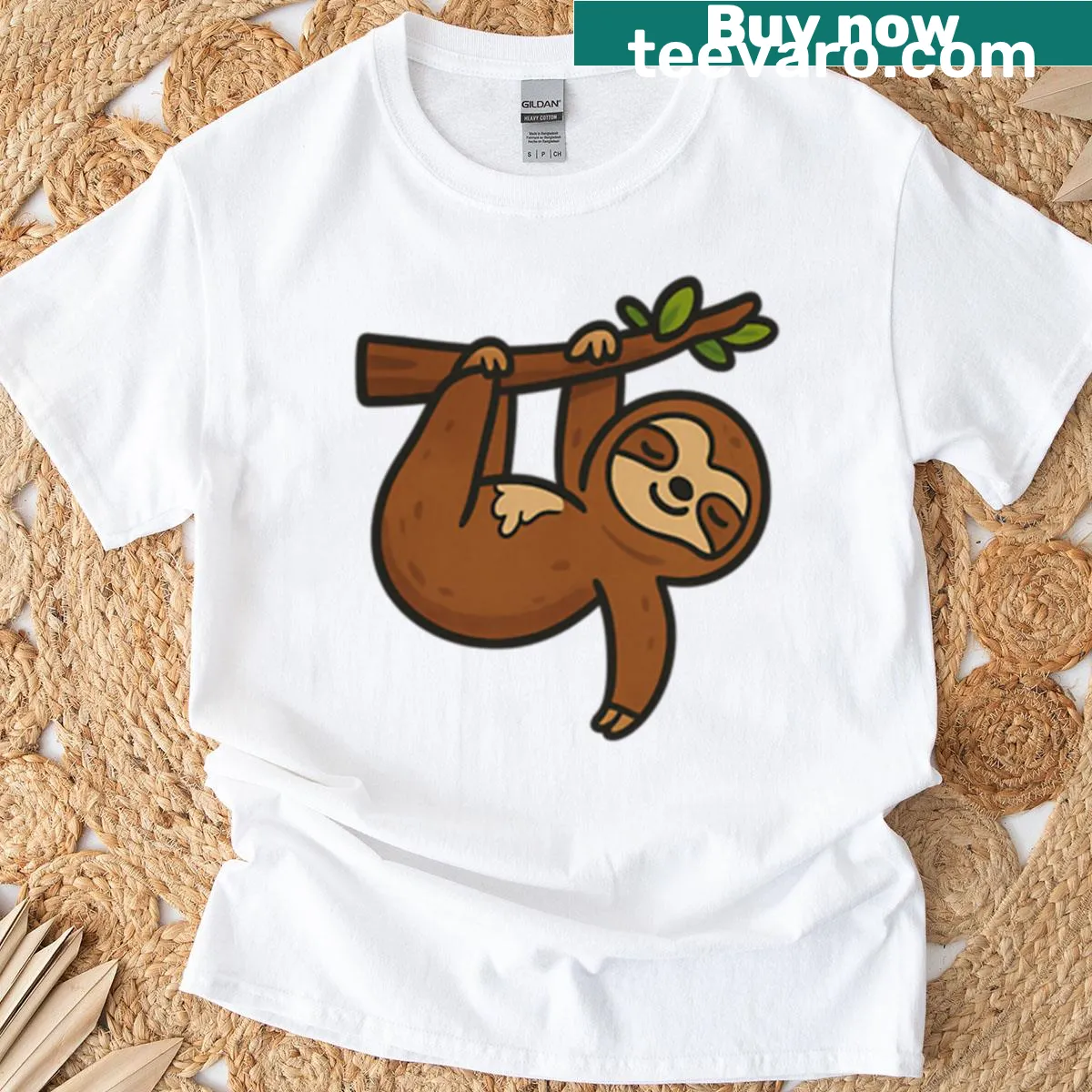 Cartoon sloth hanging on a branch graphic T-shirt — on a men's t-shirt