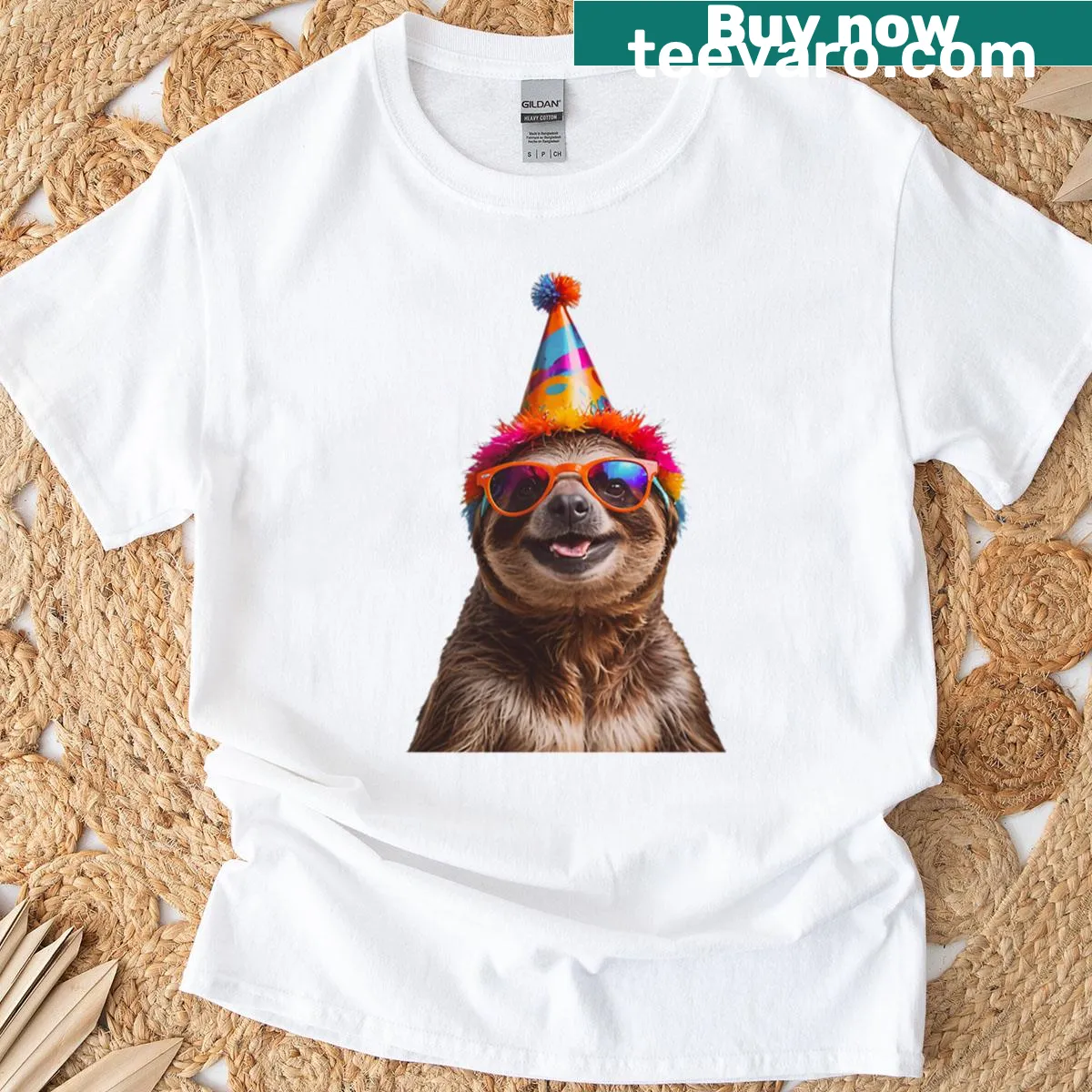Cute sloth in party hat with balloons for a birthday celebration — on a men's t-shirt