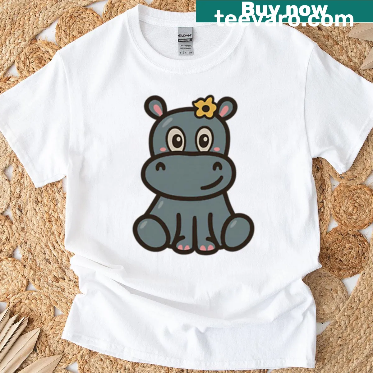 Cute cartoon hippo smiling with a flower on a t-shirt — on a men's t-shirt