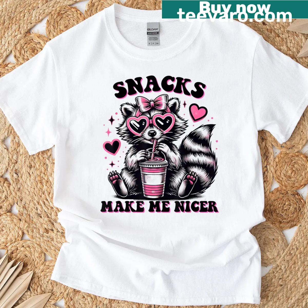 Funny raccoon in sunglasses with snacks graphic on T-shirt — on a men's t-shirt