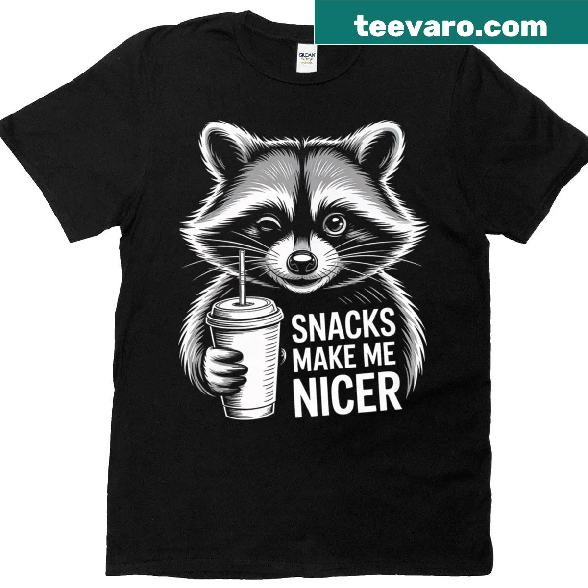 Funny raccoon graphic with a snack theme on T-shirt — on a men's t-shirt