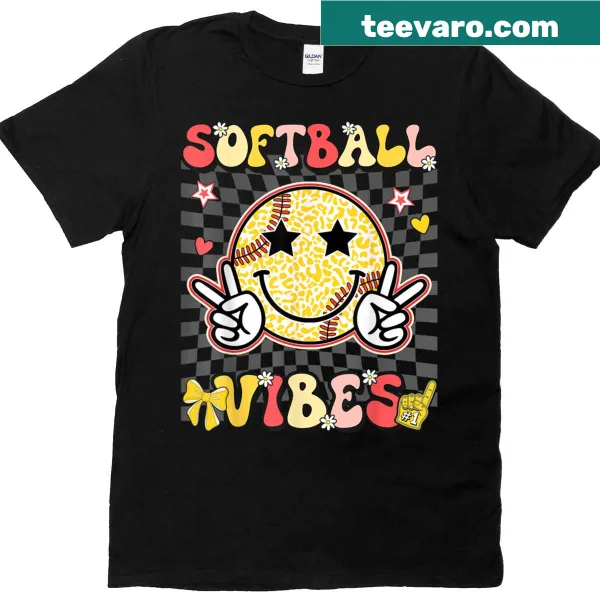 Retro t-shirt with 'Softball Vibes' and leopard checkered design for women