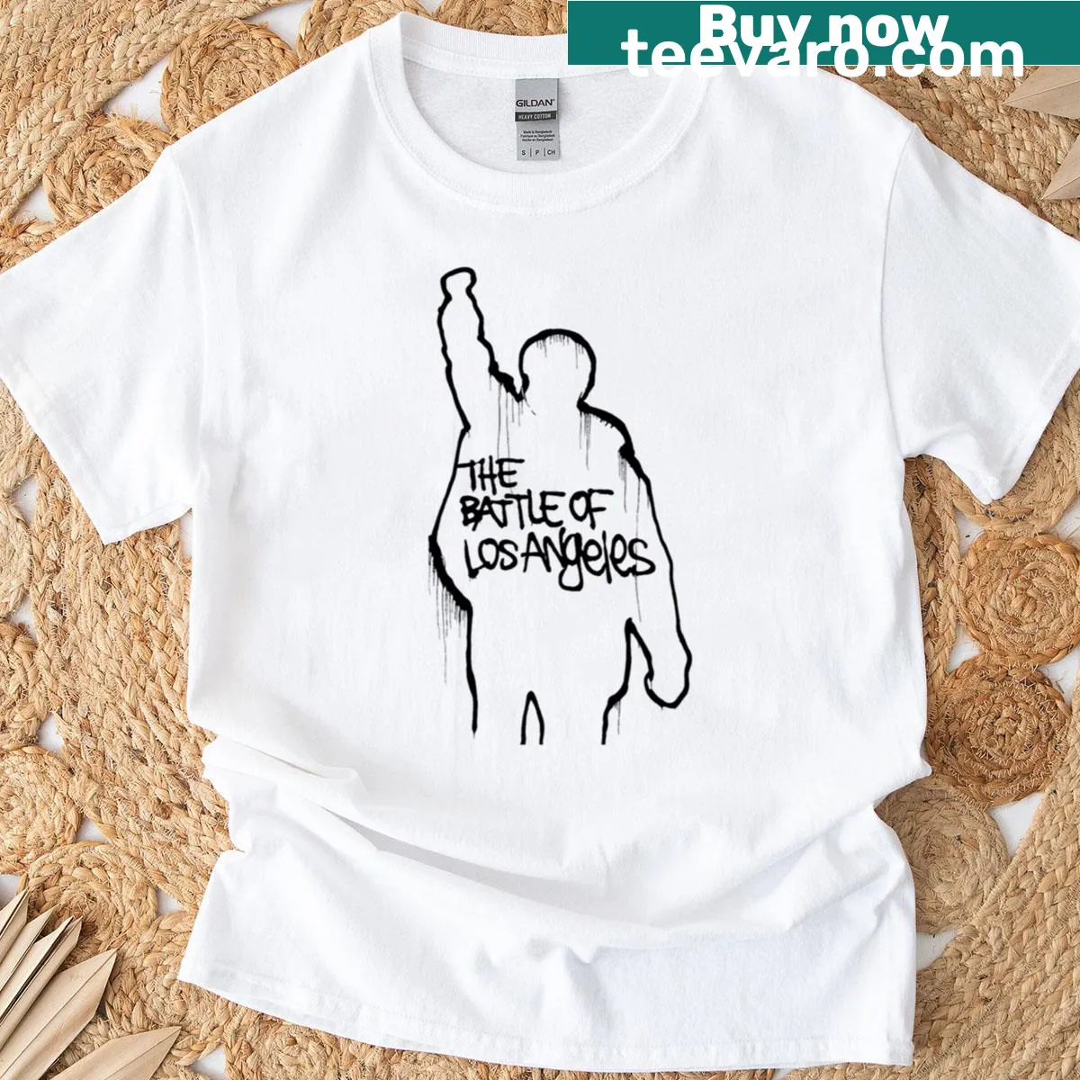 Bold illustration of rock battlefield vibes on T-shirt — on a men's t-shirt