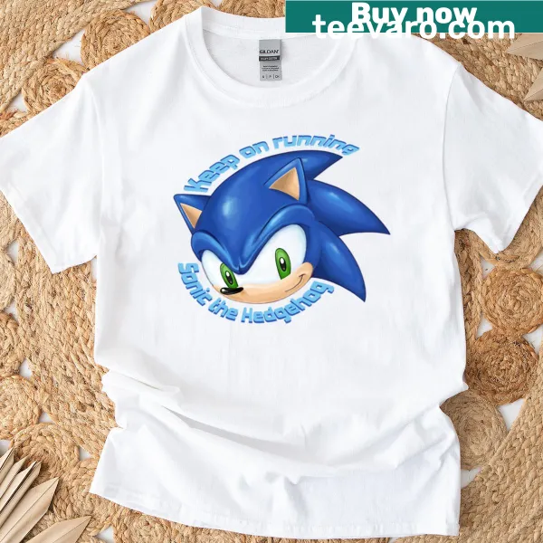 Cartoon Sonic the Hedgehog T-shirt with 'Keep On Running' text