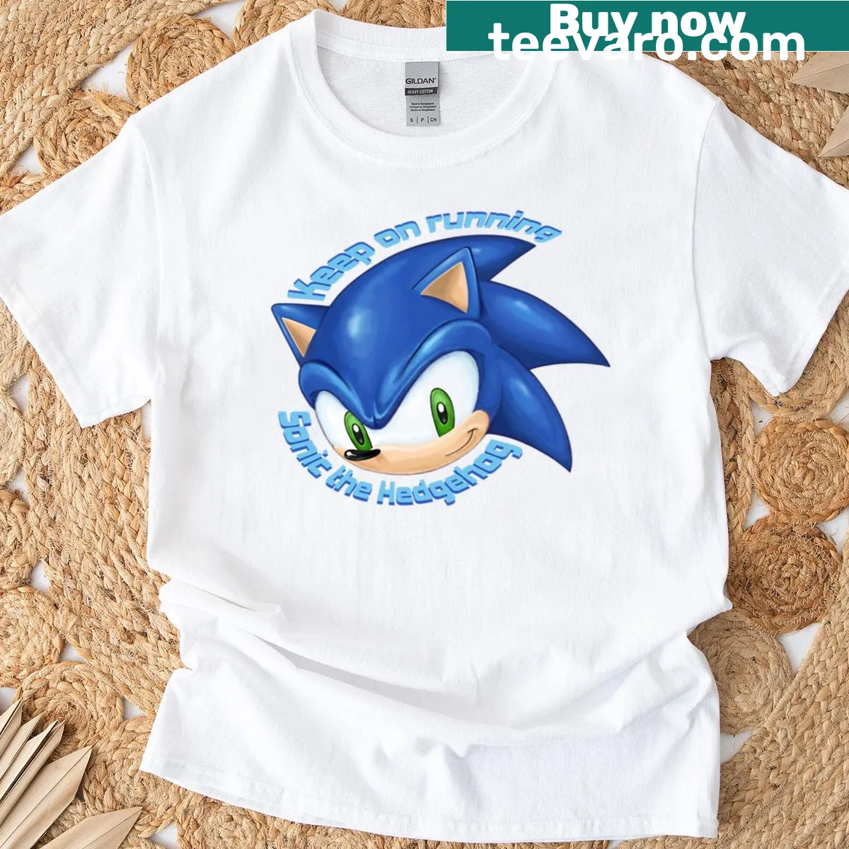 Cartoon Sonic the Hedgehog T-shirt with 'Keep On Running' text — on a men's t-shirt
