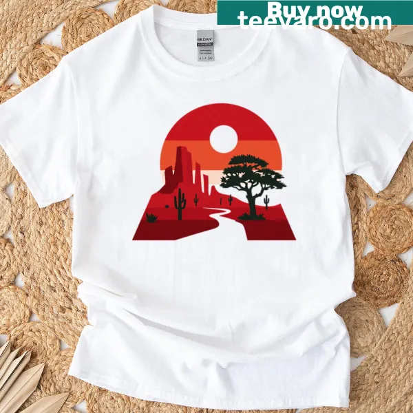 Desert sunset art print with cactus silhouettes on a t-shirt