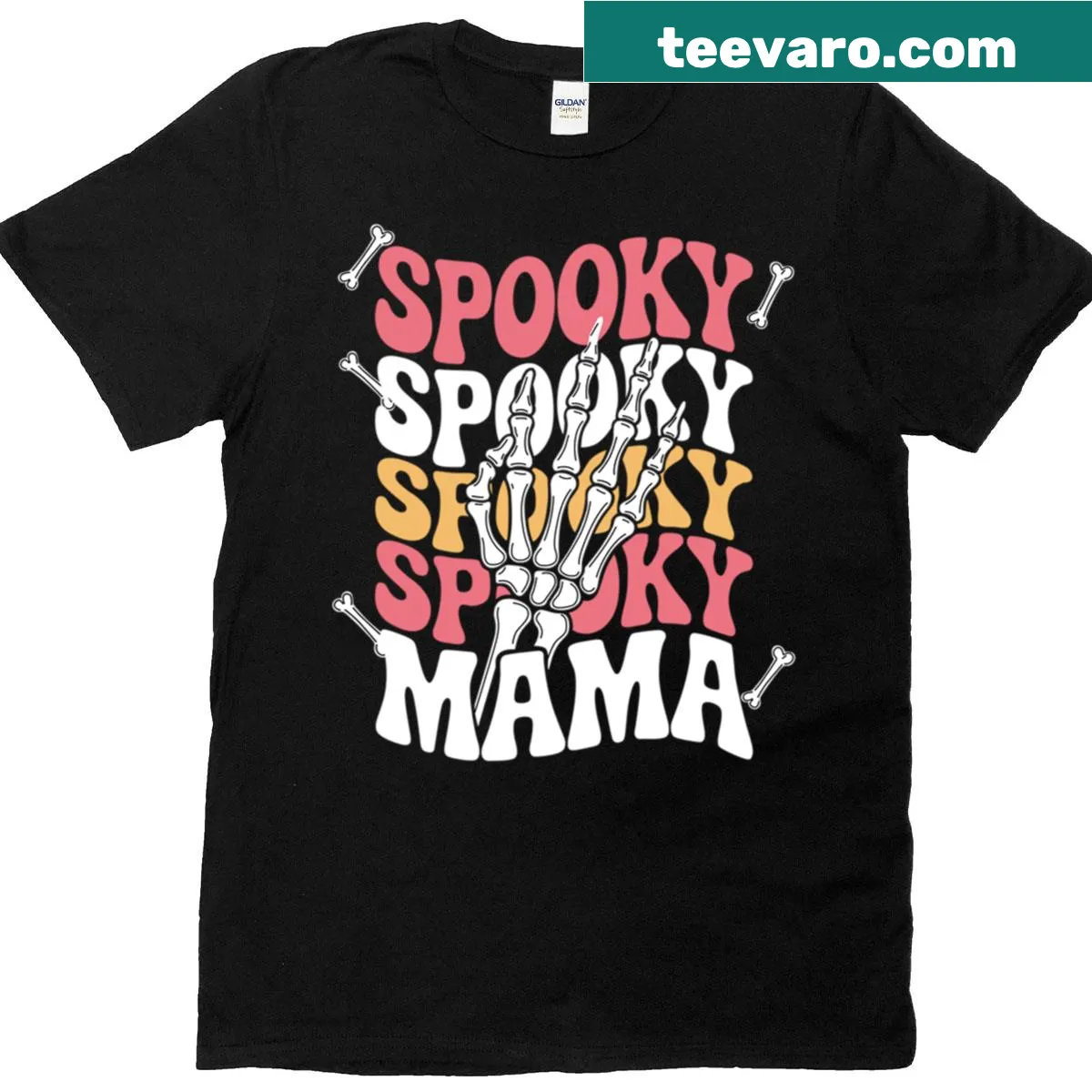 Halloween-themed tee with a skeleton hand and ghost design for moms — on a men's t-shirt