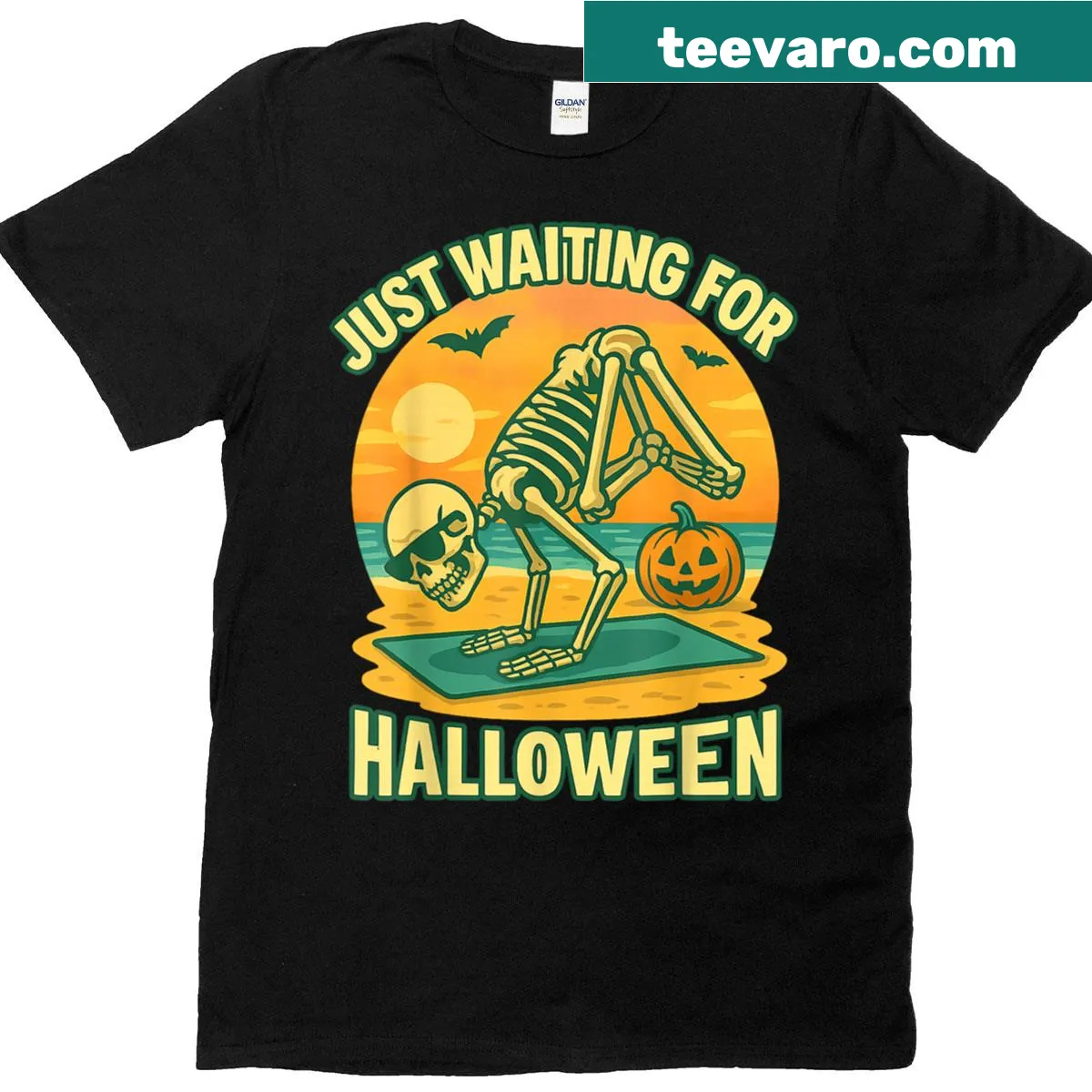 Skeleton in a yoga pose awaiting Halloween on a fun T-shirt — on a men's t-shirt