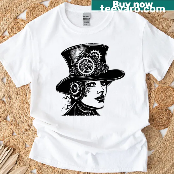 Steampunk Woman t-shirt with black and white retro futurist art