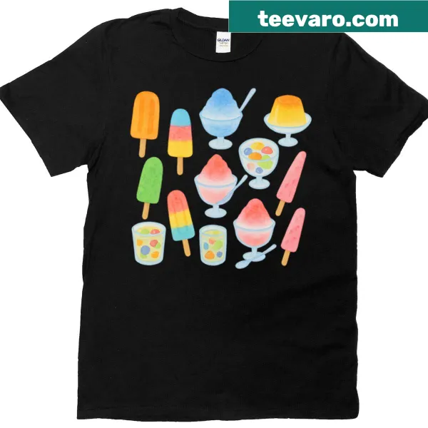 T-shirt depicting a variety of summer desserts in a playful design