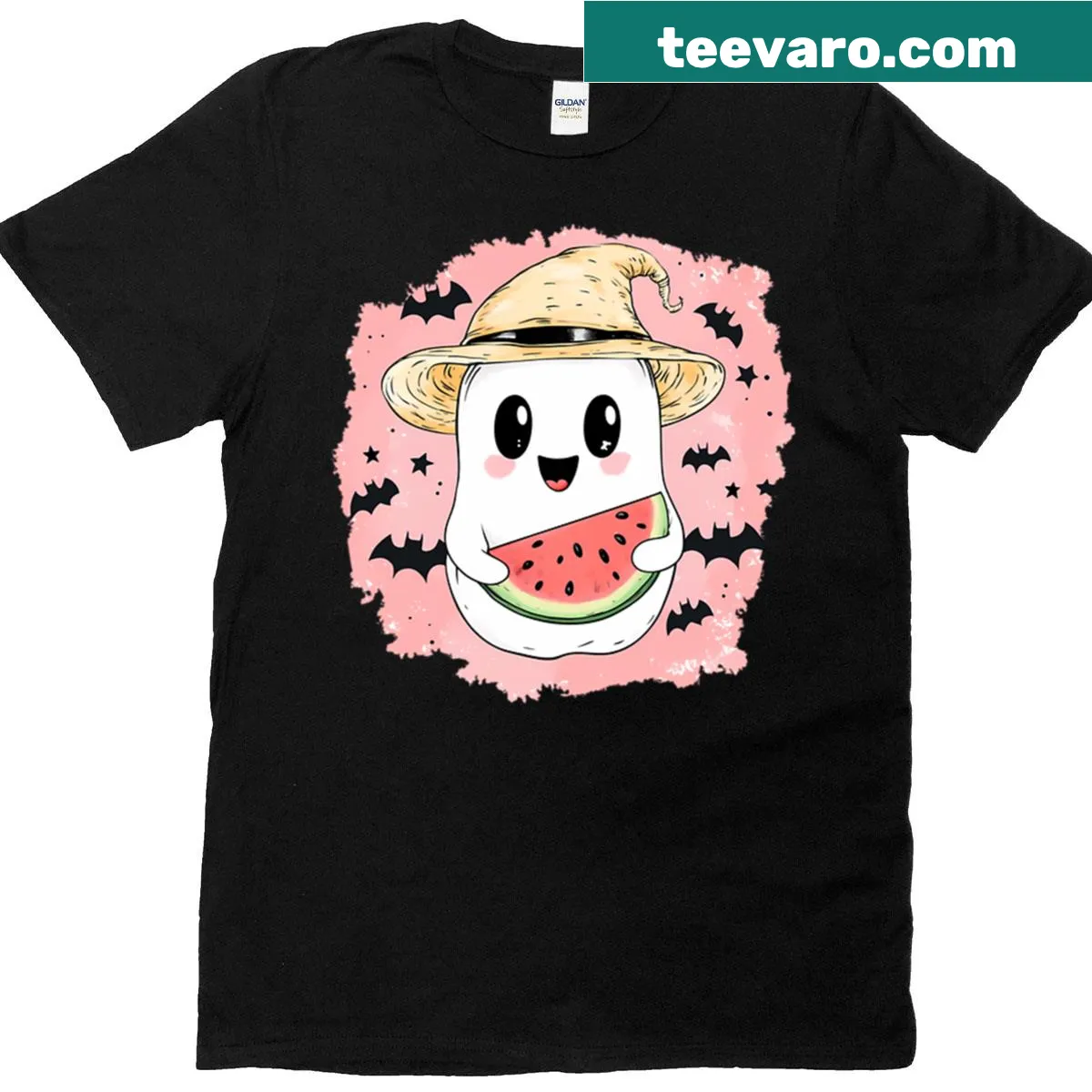 Cute ghost holding a watermelon graphic on a T-shirt — on a men's t-shirt