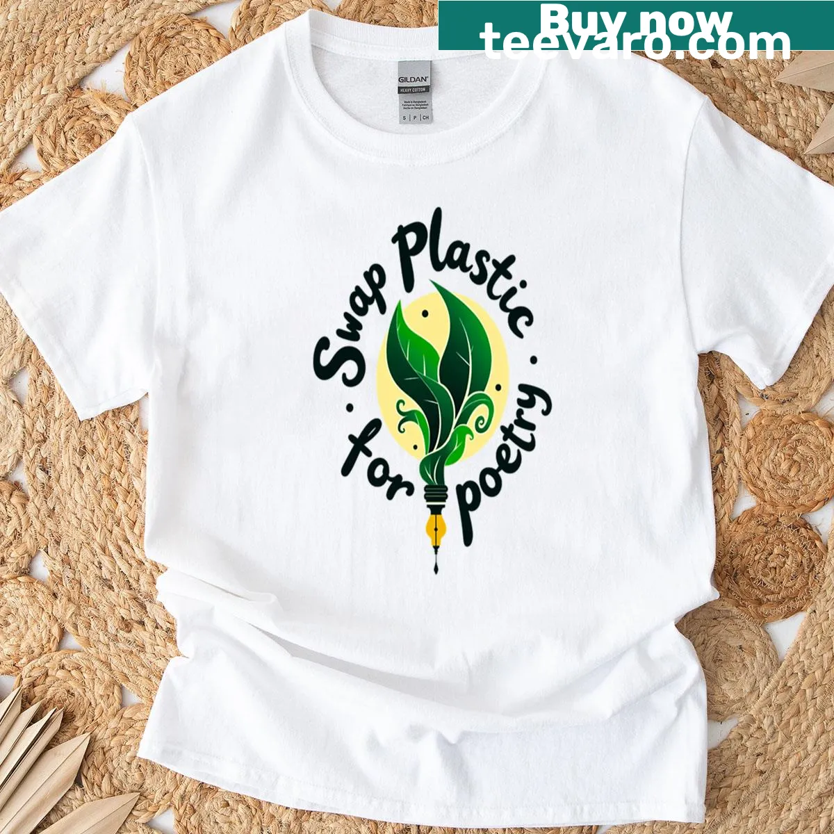 Eco-conscious graphic on Swap Plastic Poetry Power Apparel T-shirt — on a men's t-shirt