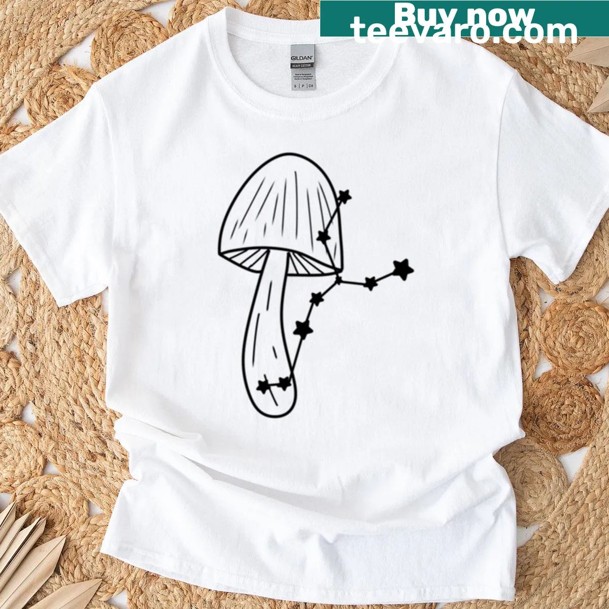 Illustrative Taurus Zodiac shirt featuring mushrooms and astrological symbols — on a men's t-shirt