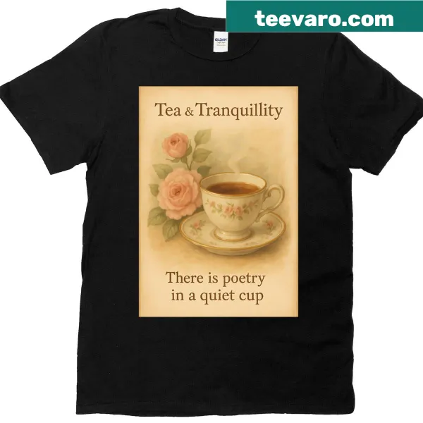 T-shirt featuring an illustration of tea and poetry