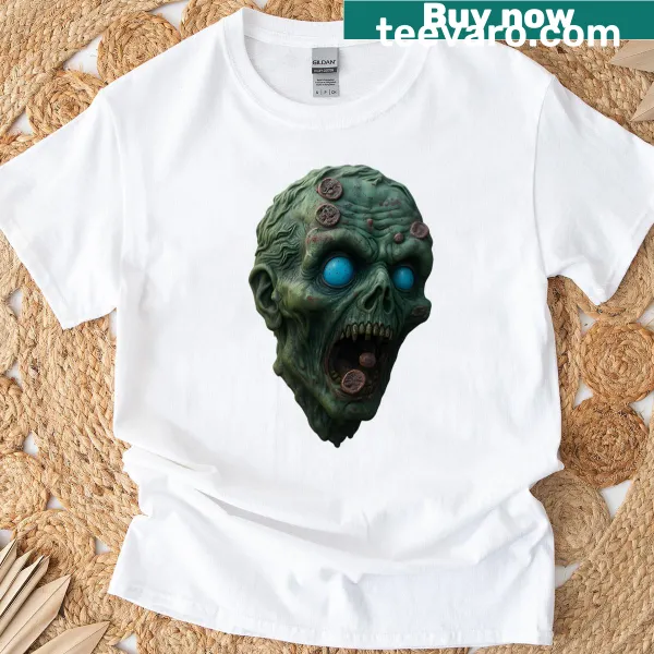Chilling zombie head t-shirt with blue eyes, perfect for Halloween