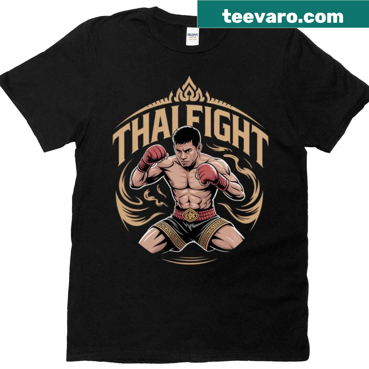 Dynamic Thai boxing graphic T-shirt showcasing a fighter — on a men's t-shirt