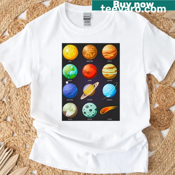 T-shirt with a whimsical illustration of the solar system