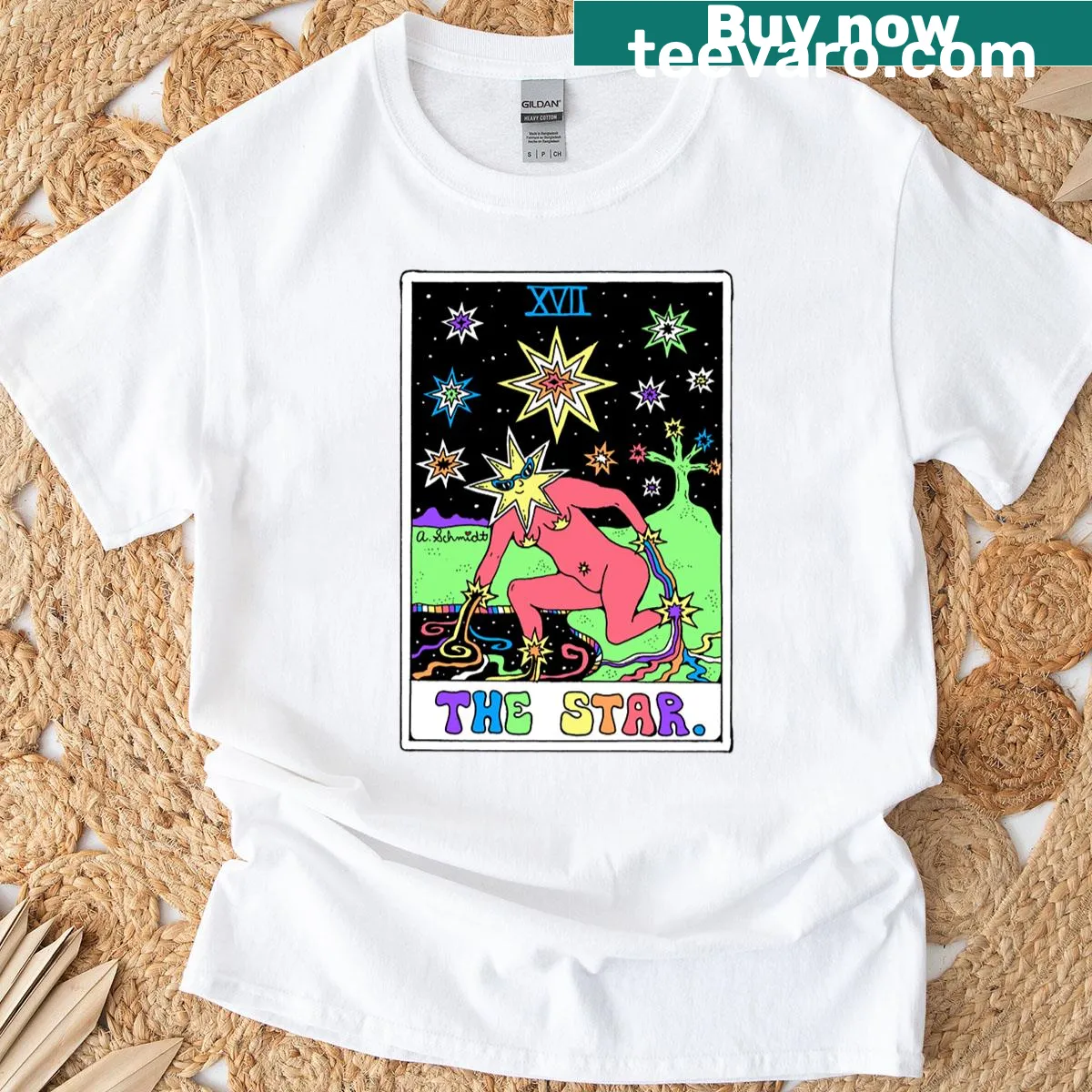 Surreal illustration T-shirt featuring star tarot and outer space designs — on a men's t-shirt