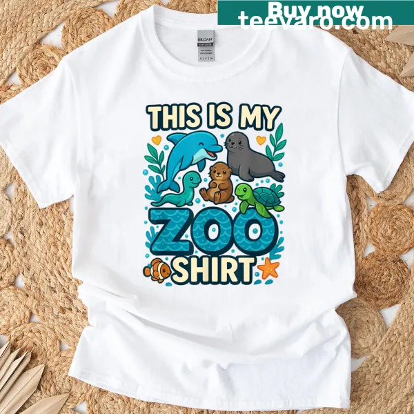 Illustrated zoo animal design with text for kids' adventure T-shirt