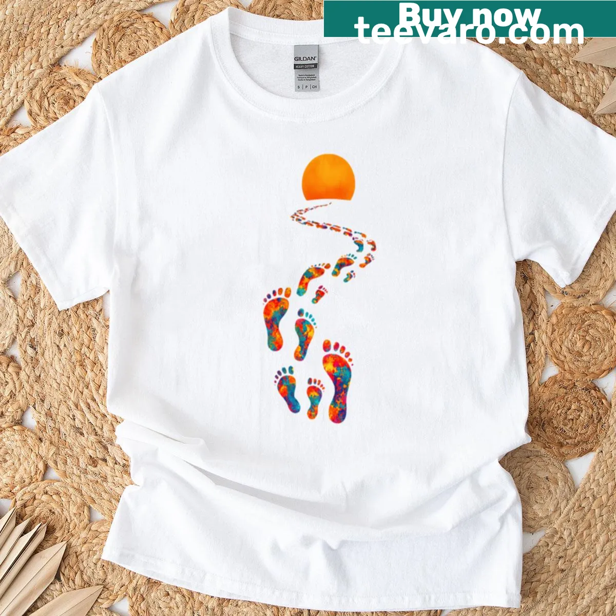 Illustrated T-shirt featuring happy feet and a summer theme — on a men's t-shirt