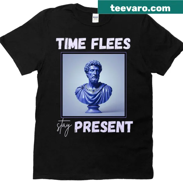 T-shirt featuring 'Time Fleesstay Present' text and artistic design