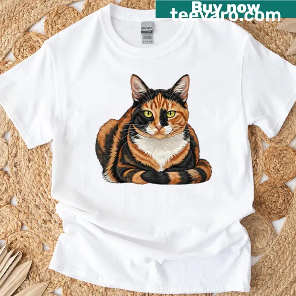 Cute T-shirt featuring a tortoiseshell cat graphic