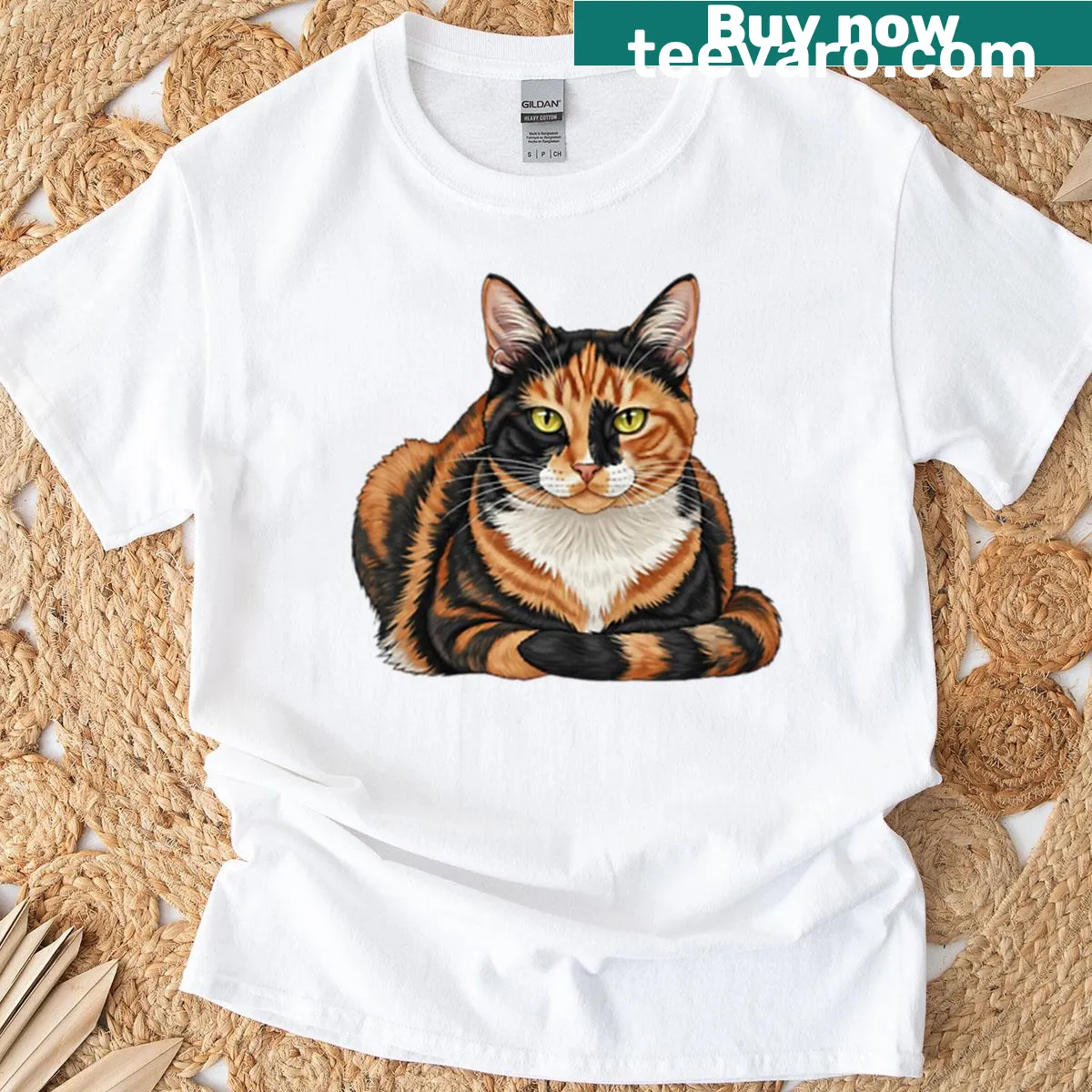 Cute T-shirt featuring a tortoiseshell cat graphic — on a men's t-shirt
