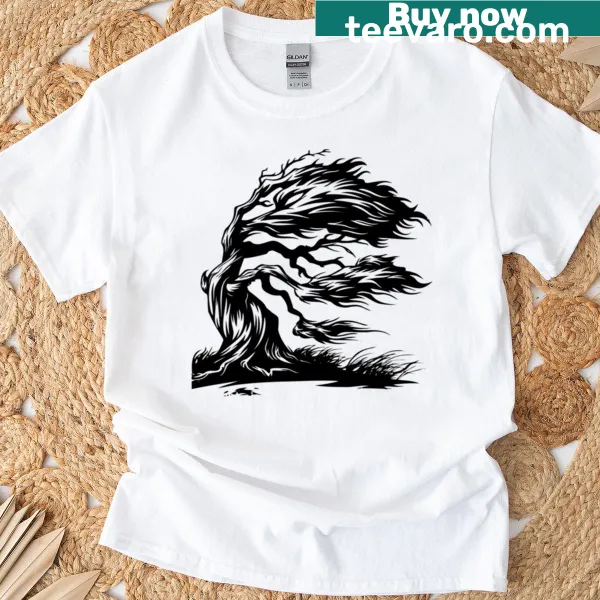 Black and white illustration of a twisted windblown tree on a gothic T-shirt