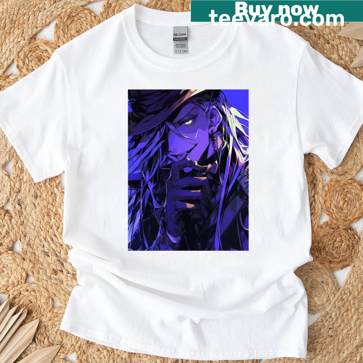 Anime-themed T-shirt featuring a gothic gravedigger character — on a men's t-shirt