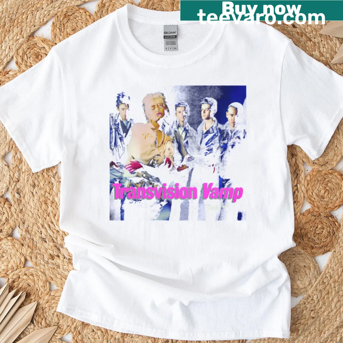 Dynamic rock art T-shirt inspired by Transvision Vamp — on a men's t-shirt