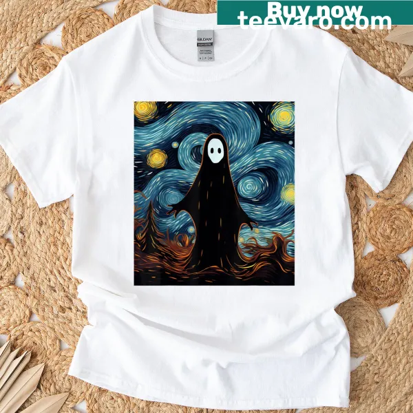 Kids' Halloween t-shirt featuring a ghost in Van Gogh's Starry Night design