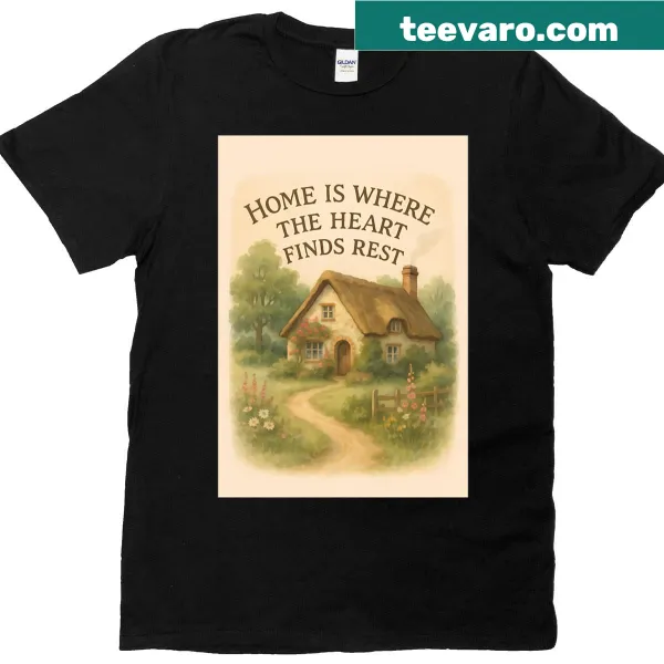 T-shirt featuring the phrase 'Home Is Where The Heart Finds Rest' with cottage illustration