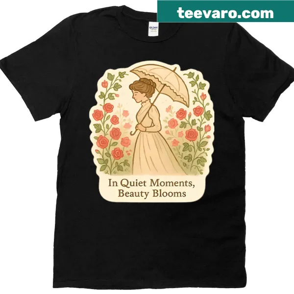 T-shirt featuring an illustration of a Victorian garden scene