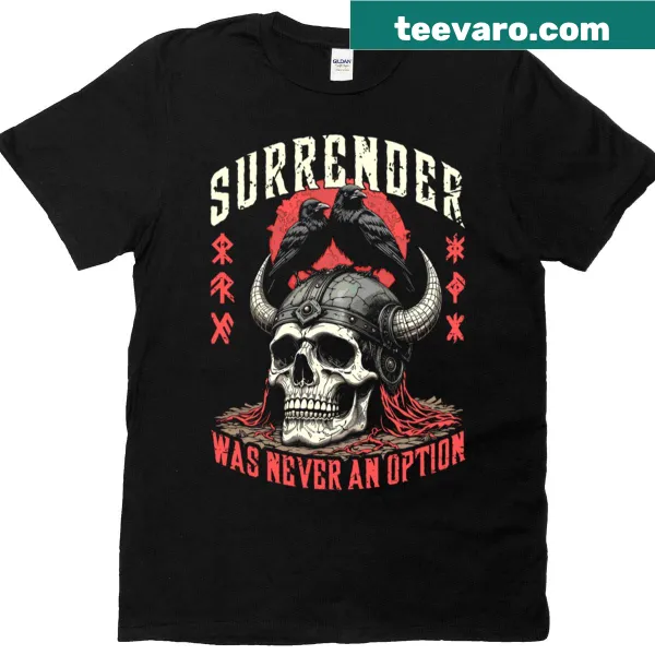 T-shirt with Viking warrior skull and raven graphic, featuring 'Never Surrender' text
