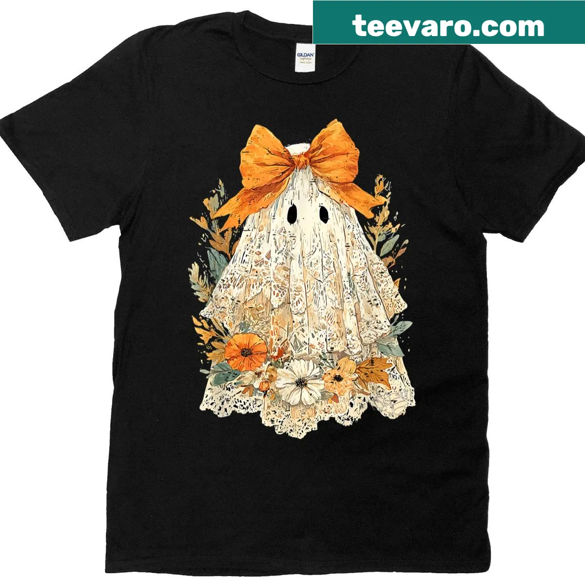 Cute vintage Halloween T-shirt featuring a floral ghost graphic. — on a men's t-shirt