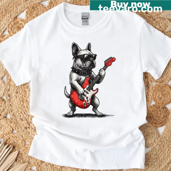 Vintage French Bulldog playing guitar illustrated T-shirt