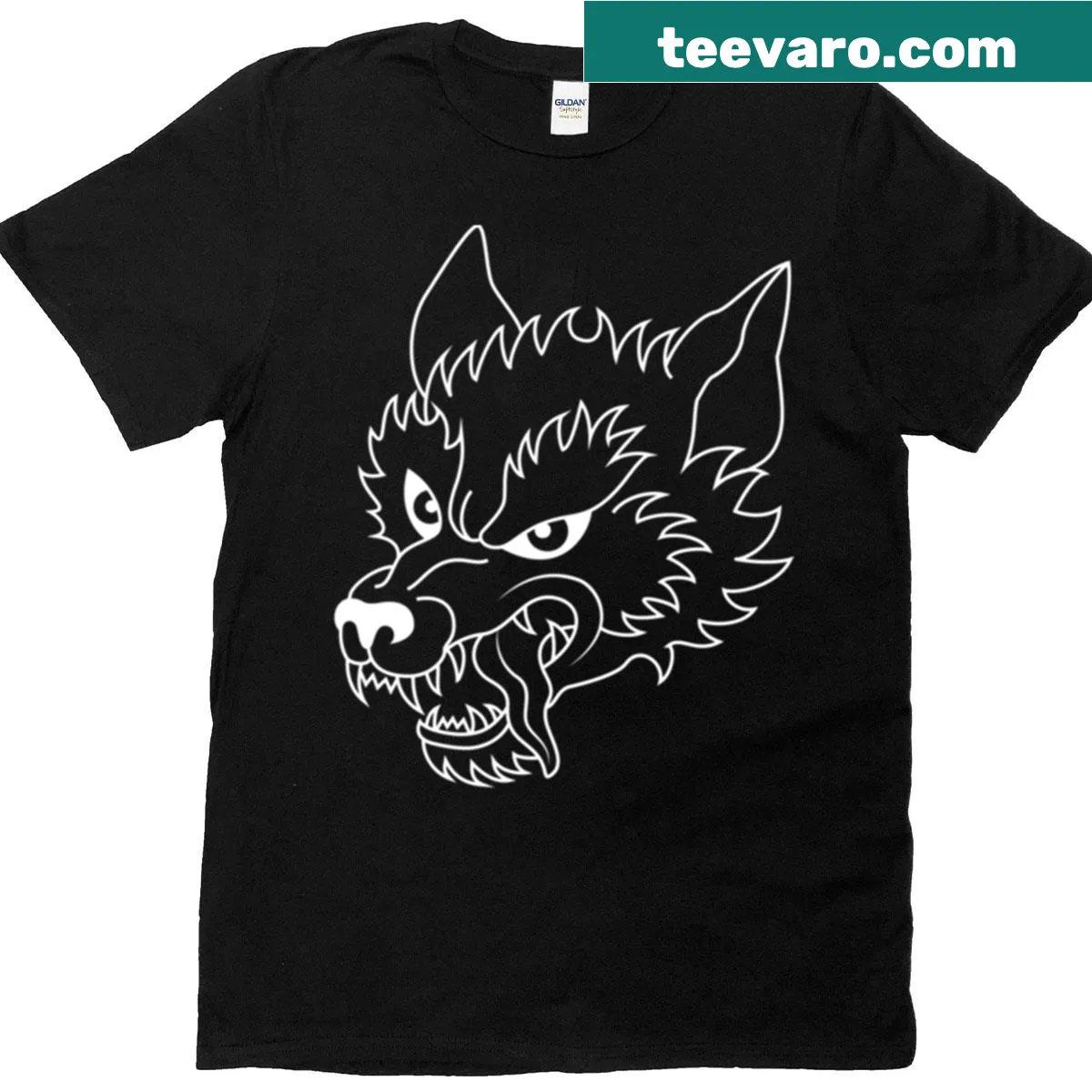 Vintage-style t-shirt with a wolf head tattoo design — on a men's t-shirt
