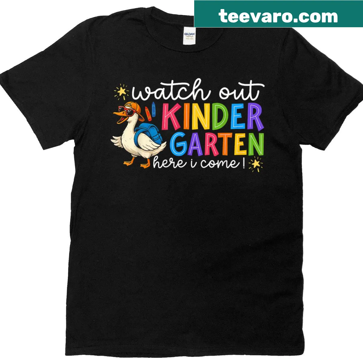 Cartoon duck t-shirt with 'Watch Out Kindergarten Here I Come!' text. — on a men's t-shirt